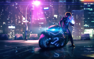 Man motorcycle neon city night - cyberpunk free wallpaper