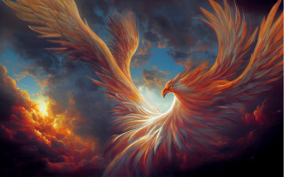 Phoenix flying bird clouds sunset - a painting of a bird free wallpaper