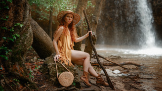 Woman hat sitting waterfall arts - a waterfall free wallpaper