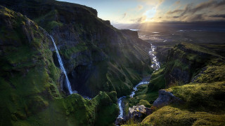 Waterfall valley mountain sunbeam forest - free landscape wallpaper