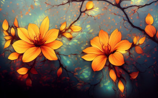 Yellow flowers blue background tree - a tree branch in the foreground free wallpaper