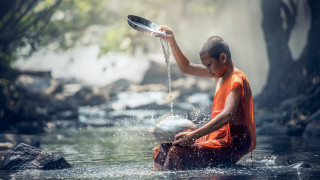 Young monk water bowl cinematic - a stream free wallpaper