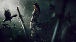 Woman dress rain sword bird - her side free wallpaper