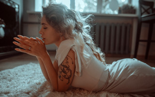 Woman praying tattoo white dress - her arm and chest free wallpaper