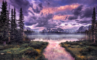 River forest mountains sky lake - bob ross free wallpaper for desktop