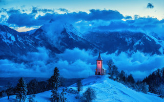 Snowy mountain church red steeple - a snowy mountain free wallpaper