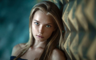 Blonde blueeyes longhair portrait photorealistic - a curtain behind her free wallpaper