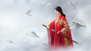 Woman kimono sword bird wings - the sky above her free wallpaper