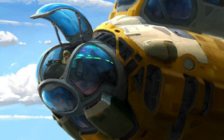 Futuristic yellow blue plane cockpit - game art free wallpaper for desktop