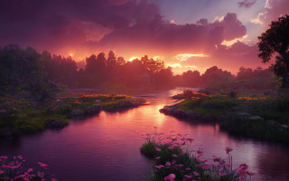 Sunset river flowers forest mountain - the foreground and a forest in the background free wallpaper