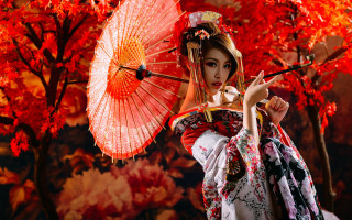 Woman kimono red umbrella autumn - a woman in a kimono holding free wallpaper for desktop
