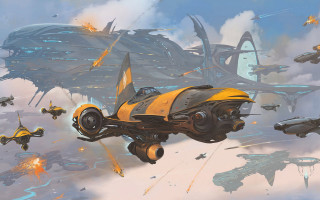 Yellow car flying cloudy sky - darek zabrocki free wallpaper for desktop