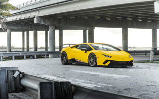 Yellow sports car highway bridge 2 - side profile free wallpaper