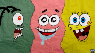 Cartoon characters torn background paper - three cartoon character free wallpaper