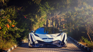 Blue white car futuristic park - a brick road next free wallpaper for desktop