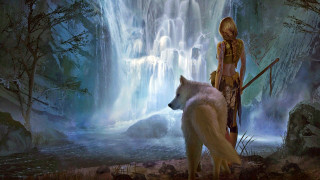 Woman dog waterfall fantasy anne - free fantasy wallpaper