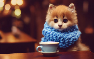 Kitten blue scarf coffee cafe - furry free wallpaper