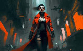 Woman red coat cyberpunk fantasy - black dress free wallpaper