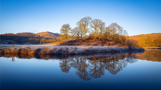 Lake hill trees sky clouds - a hill in the background and trees free wallpaper