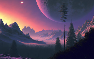 Mountain landscape full moon night - a distant mountain range in the distance free wallpaper