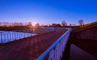 Bridge fence building sunset water - dawn free wallpaper