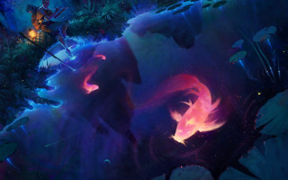 Fantasy horseman woods fire moon - a painting of a man riding free wallpaper