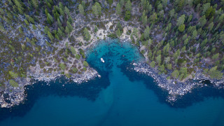 Boat forest water rocks aerial - aerial view free wallpaper for desktop