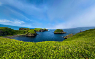 Grassy hill lake islands nature - wide angle len free wallpaper for desktop