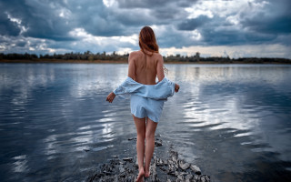 Woman blue dress rock water - annabel eyres free wallpaper