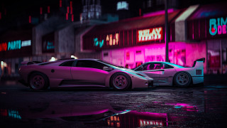 Neon cars reflection cyberpunk urban - two car free wallpaper