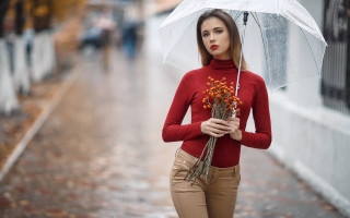 Woman umbrella flowers rain city - rainy free wallpaper