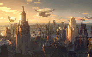 Cityscape airship tower sunset architecture - a painting of a city free wallpaper for desktop