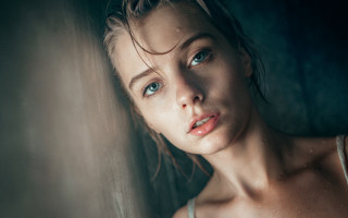 Woman blueeyes darkroom curtain portrait - a curtain behind her free wallpaper