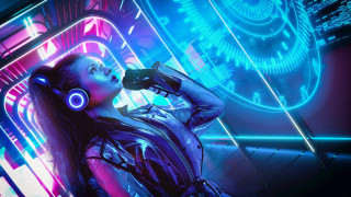 Woman headphones microphone neon cyberpunk - a neon background free wallpaper