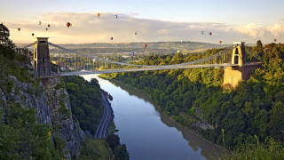 Bridge river hotairballoons cityscape sunset - hot air balloon free wallpaper