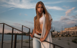 Woman staircase waterfront clocktower fashion - free 3d render wallpaper