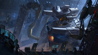 Futuristic city giant robot man - bayard wu free wallpaper