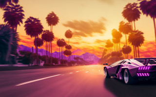 Futuristic car palm trees sunset - a futuristic car free wallpaper for desktop