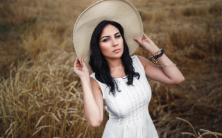 Woman white dress hat wheat - american barbizon school free wallpaper