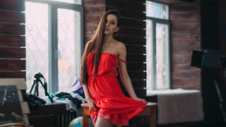 Woman red dress indoor portrait 2 - flowing hair free wallpaper