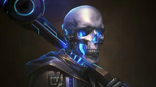 Skeleton cyberpunk armor glowing eyes - free 3d render wallpaper for desktop