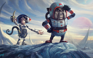 Cartoon characters handshake mountaintop sky - two cartoon character free wallpaper