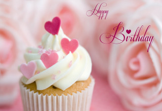 Cupcake hearts pink tablecloth roses - a happy birthday card free wallpaper for desktop
