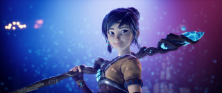 Woman sword blue purple light - behind her free wallpaper