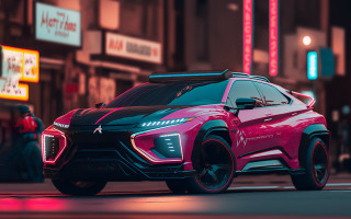 Pink car neon city retro - synthwave style free wallpaper for desktop