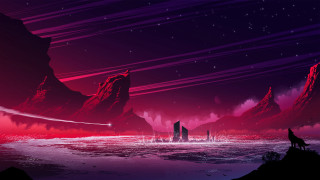 Mountain city wolf aurora night - a painting of a city free wallpaper for desktop
