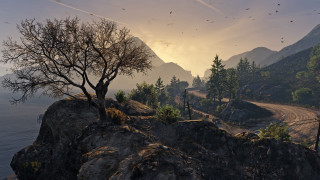 Bare tree cliff overlooking mountains - 8k photorealistic free wallpaper