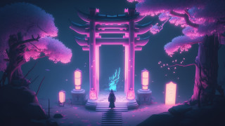Man gate forest night pinklights - rossdraw global illumination free wallpaper
