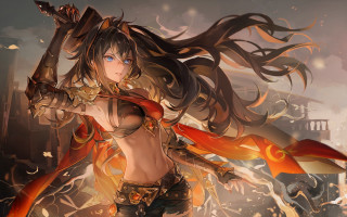 Fire woman sword armor city - city free wallpaper
