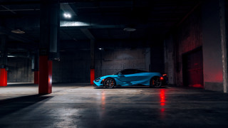 Blue sports car garage red 3 - a dark garage free wallpaper